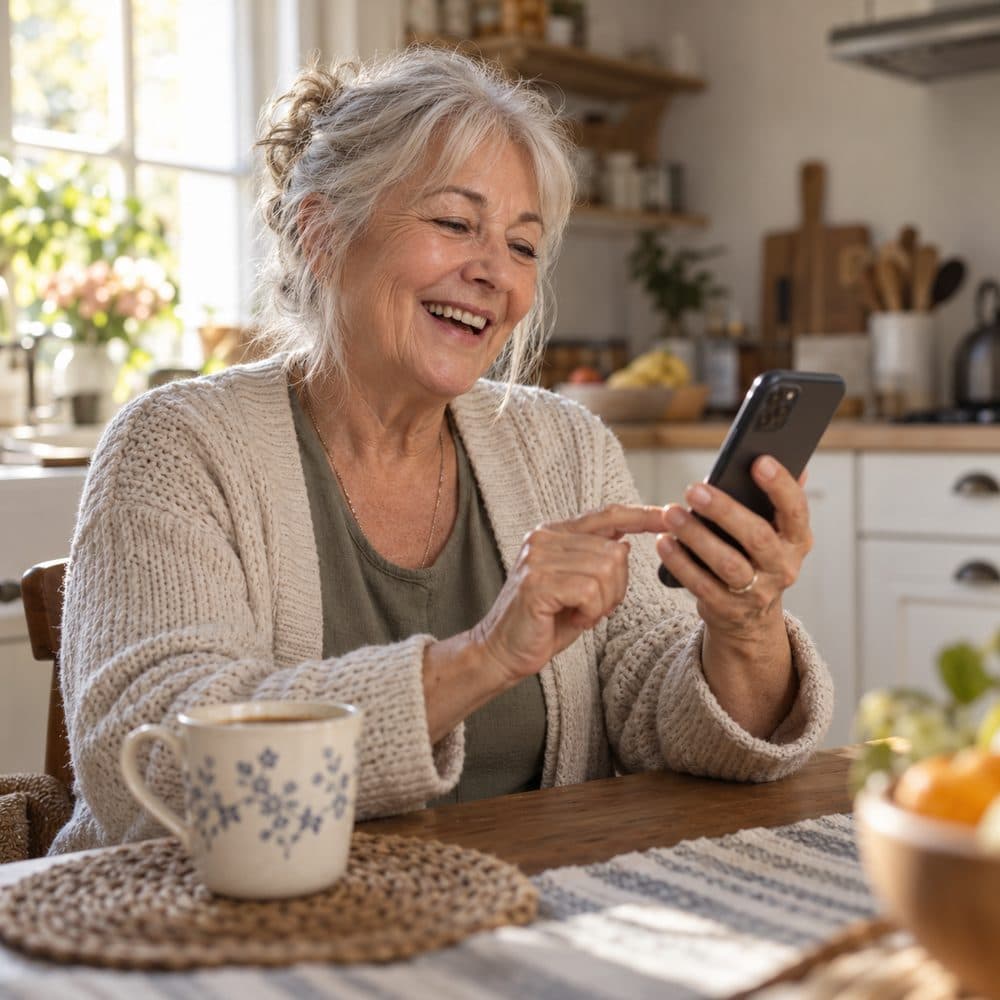 A grandmother at her kitchen table paying from her phone